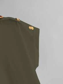 SHEIN LUNE Plus Button Detail V-Neck Tee - Army Green - View 3