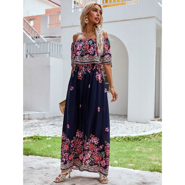 

Floral Print Bardot Dress, Navy blue