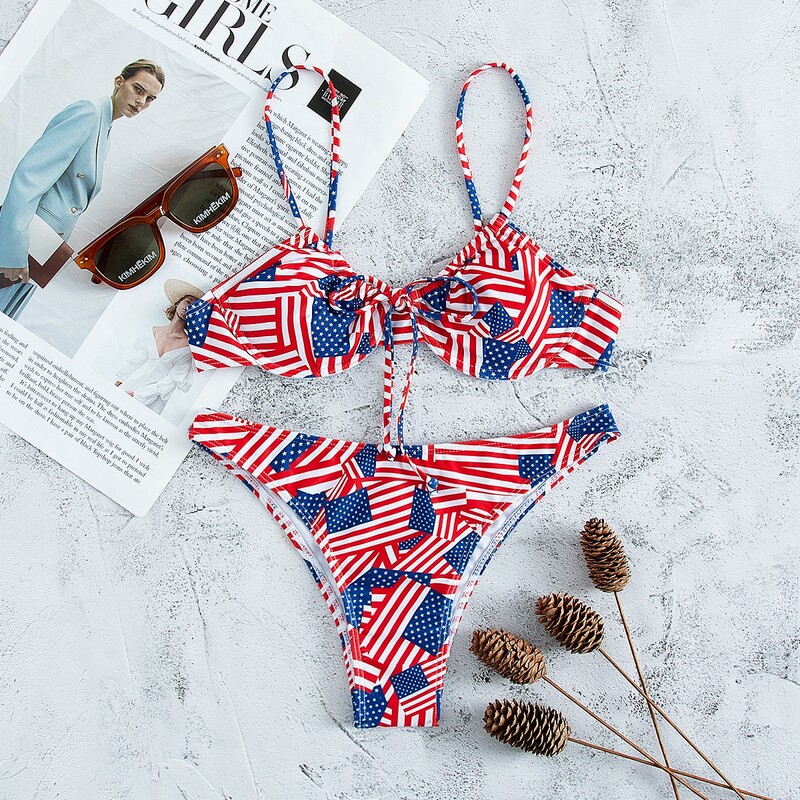 

American Flag Print Underwire Bikini Swimsuit, Multicolor