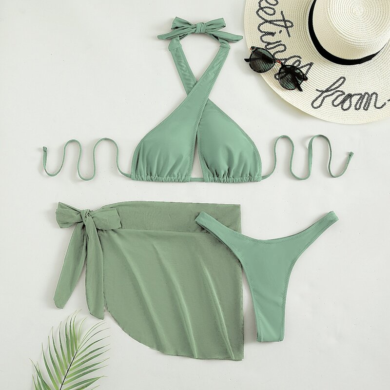 

3pack Cross Halter Bikini Swimsuit & Beach Skirt, Mint green