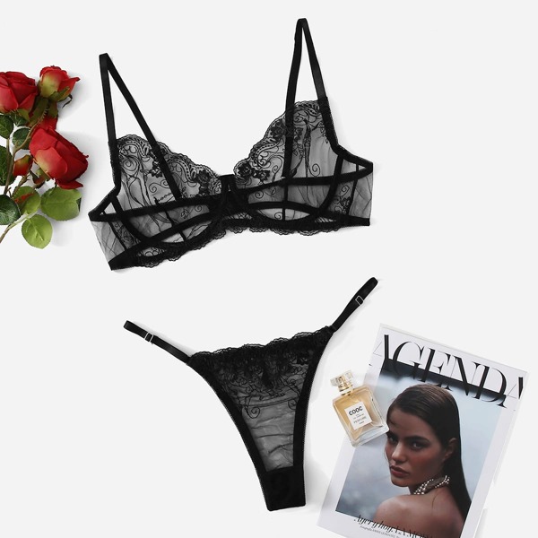 

Plus Embroidered Mesh Underwire Lingerie Set, Black