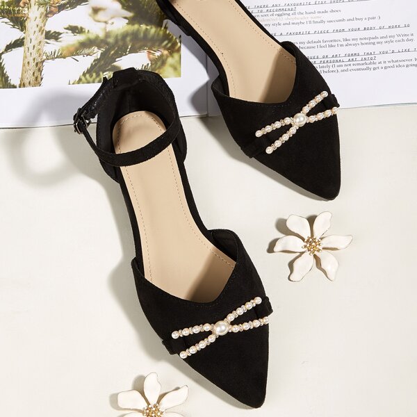 

Faux Pearl Decor Point Toe Flats, Black