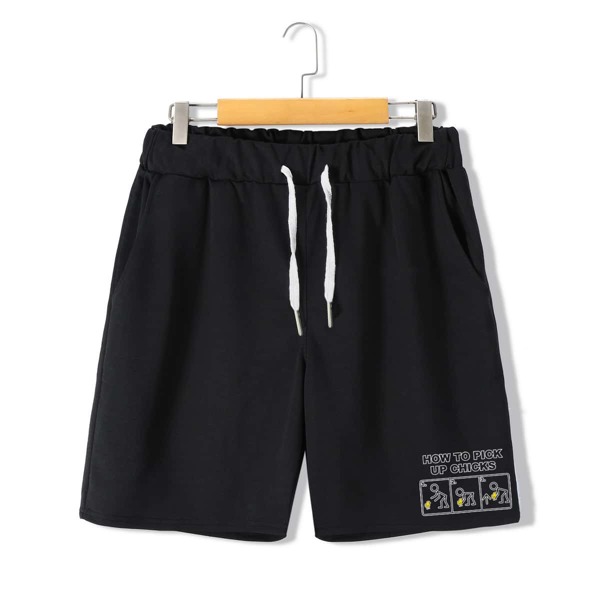 

Men Cartoon And Slogan Graphic Drawstring Shorts, Black
