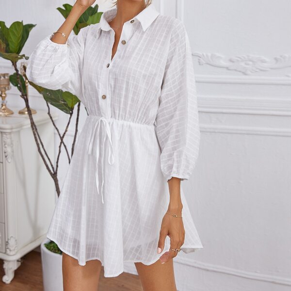 

Lantern Sleeve Drawstring Waist Shirt Dress, White