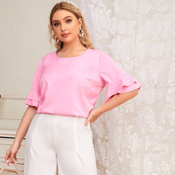 

Plus Solid Layered Ruffle Blouse, Baby pink