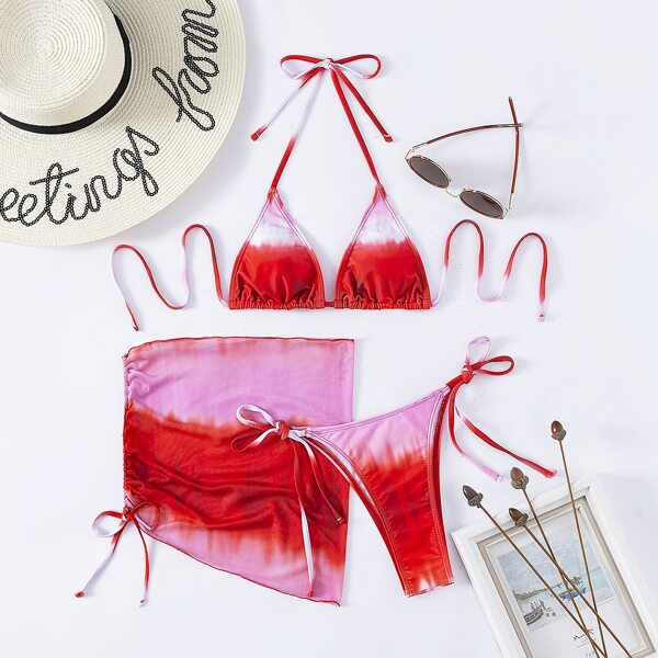 

3pack Tie Dye Triangle Bikini Swimsuit & Beach Skirt, Multicolor