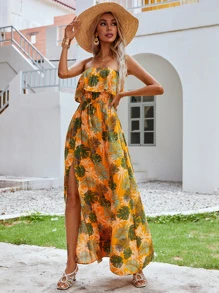 荷葉邊開衩熱帶連衣裙 - 彩色 - 查看 1