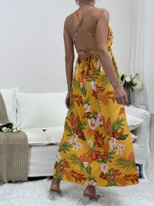 荷葉邊開衩熱帶連衣裙 - 彩色 - 查看 2