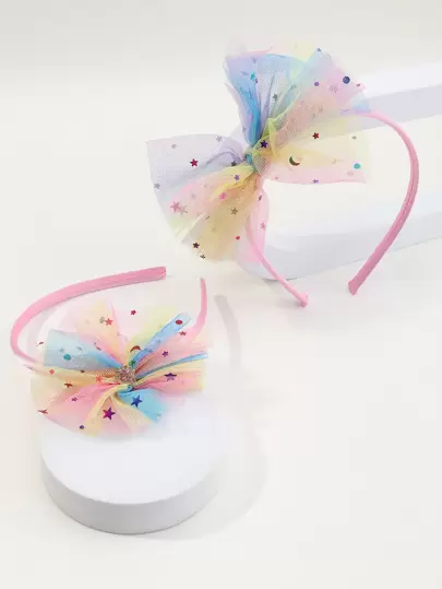 2pcs/Set Girls Bow & Mesh Headband Set, Suitable For Daily Decoration