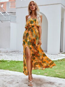 荷葉邊開衩熱帶連衣裙 - 彩色 - 查看 4