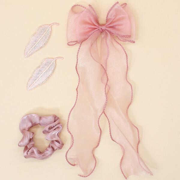 

4pcs Toddler Girls Bow & Leaf Decor Hair Accessory Set, Coral pink