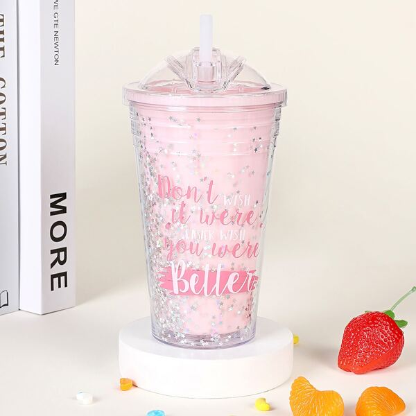 

1pc Sequin Star Decor Tumbler, Pink