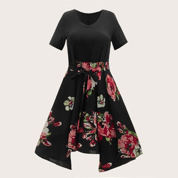 

Plus Floral Belted A-line Dress, Black
