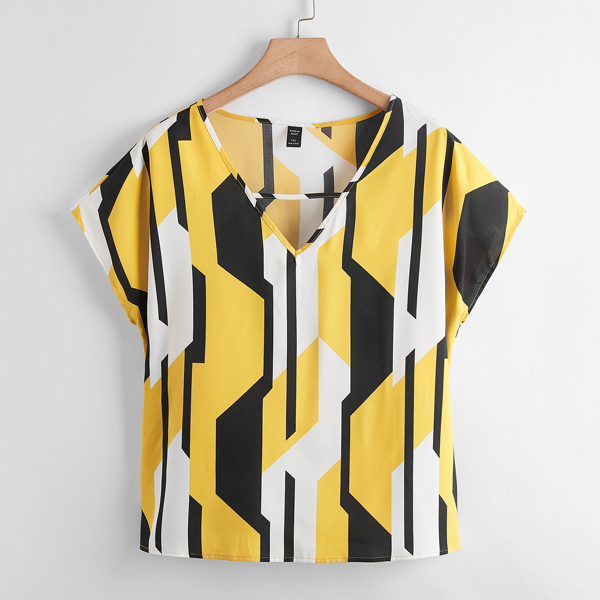 

Plus Cutout V-neck Colorblock Top, Multicolor