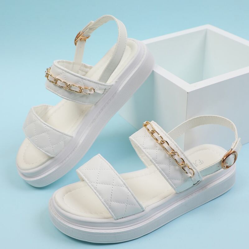 

Quilted Chain Strap Slingback Sandals, White