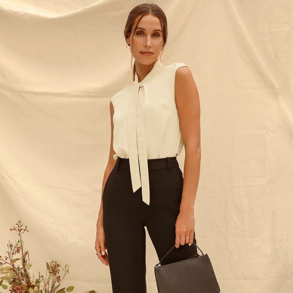 

Solid Tie Neck Blouse, Apricot