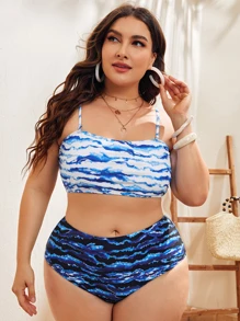 Plus Size Wave Print High Waisted Bikini Set Summer Beach - Multicolor - View 4