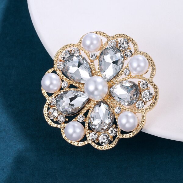 

Faux Pearl & Rhinestone Flower Decor Brooch, Gold