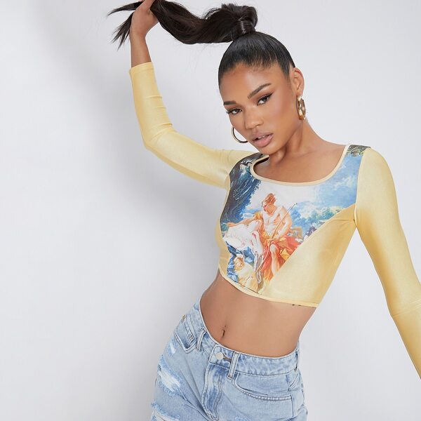 

Renaissance Art Graphic Long Sleeve Crop Top, Multicolor