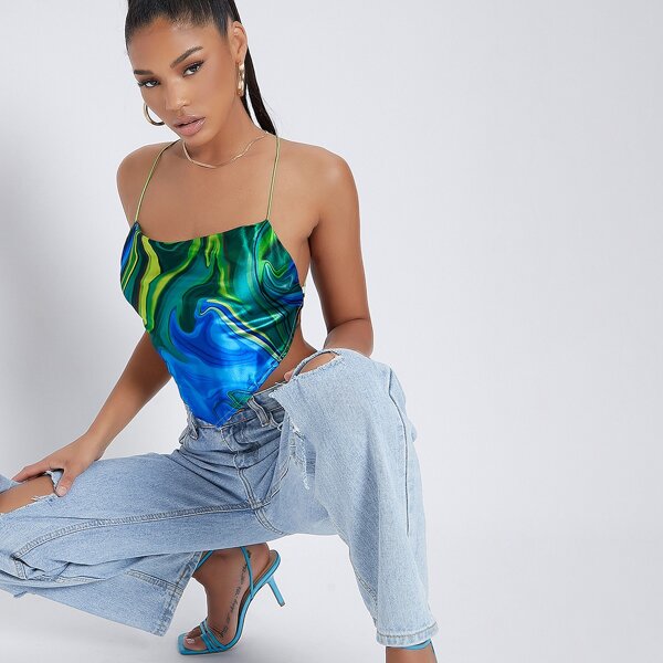 

Satin Marble Tie Backless Cami Top, Multicolor