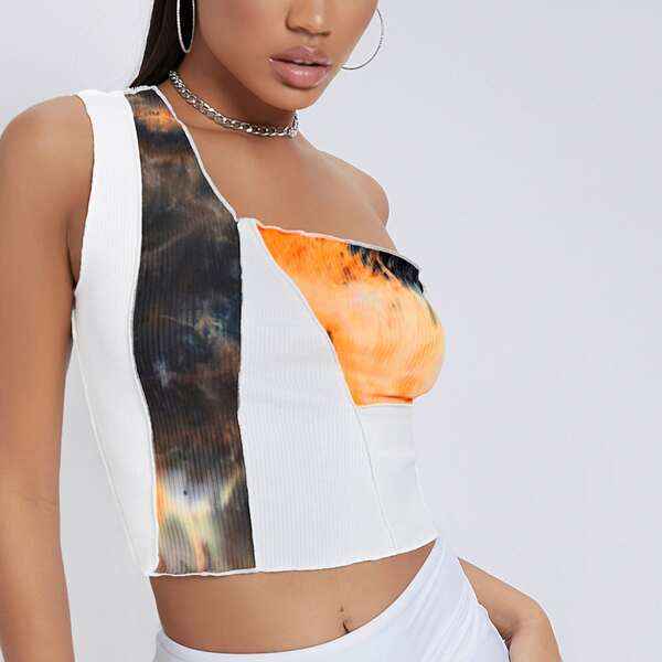 

Tie-Dye Colorblock One-Shoulder Crop Top, Multicolor