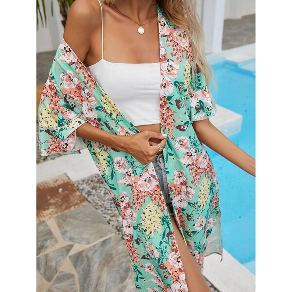 

Floral Print Open Front Kimono, Multicolor
