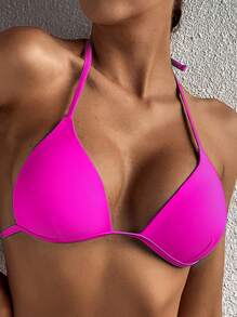 SHEIN Swim Summer Halter Triangle Bikini Top - Hot Pink - View 3