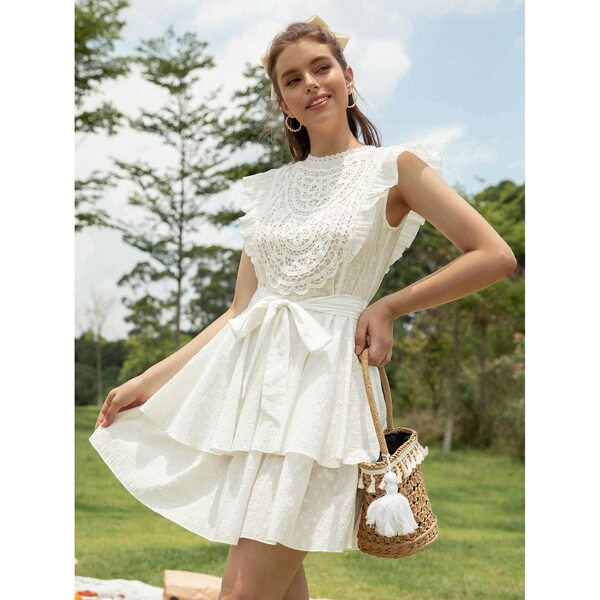 

Lace Panel Layered Hem Belted Dress, White