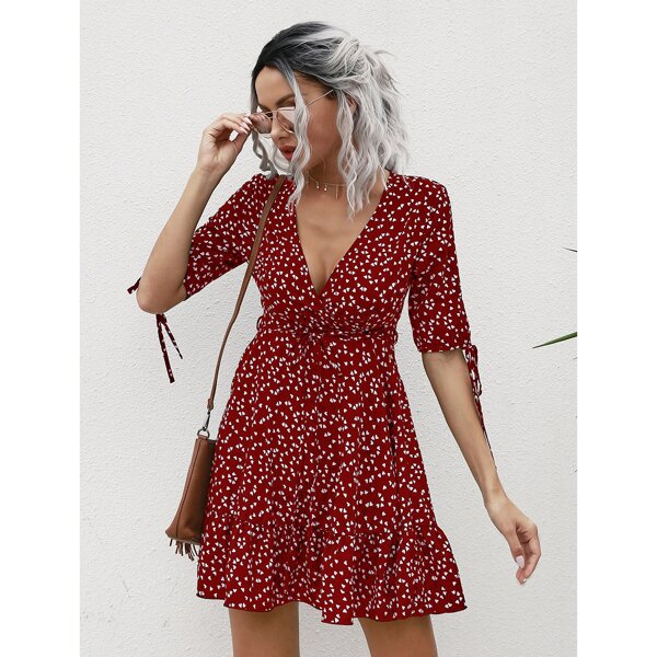 

Knot Cuff Allover Heart Print Belted Dress, Burgundy