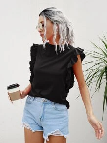 SHEIN Unity تي شيرت مقلم مكشكش بلون موحد - الأسود - مشاهدة 1