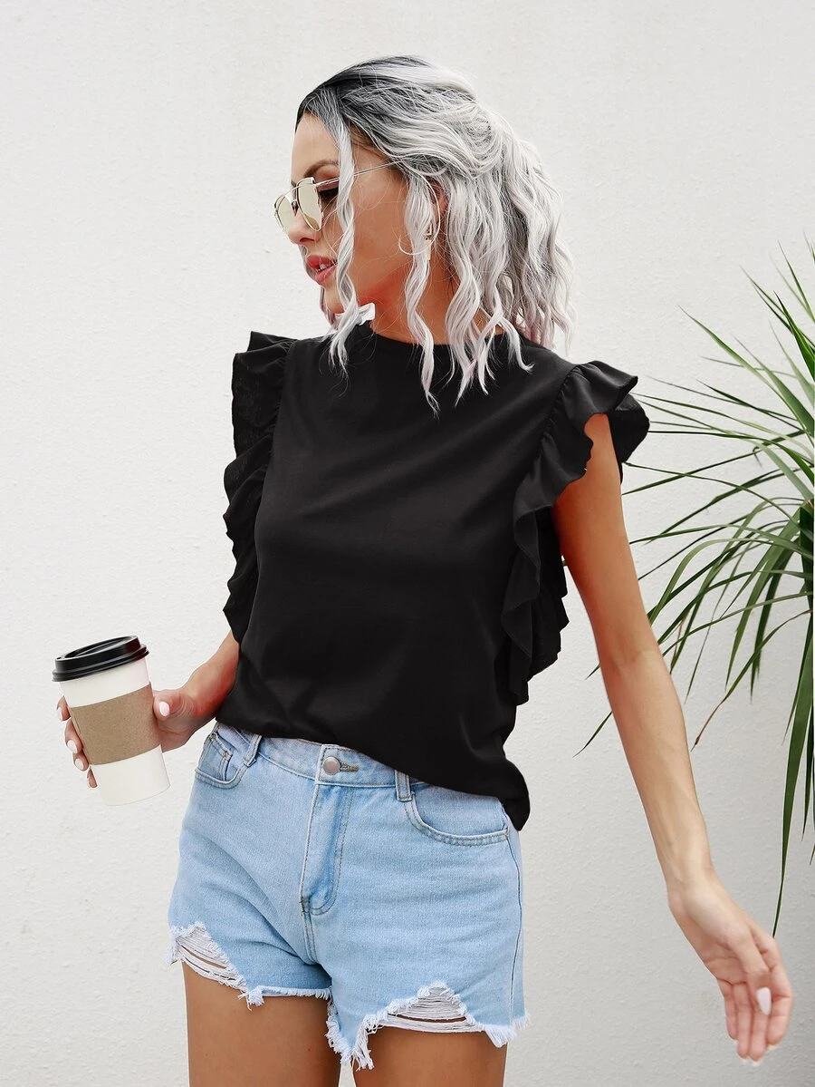 SHEIN Unity تي شيرت مقلم مكشكش بلون موحد - الأسود - مشاهدة 1
