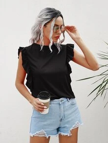 SHEIN Unity تي شيرت مقلم مكشكش بلون موحد - الأسود - مشاهدة 4