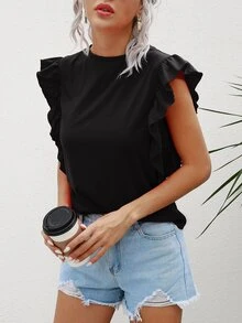SHEIN Unity تي شيرت مقلم مكشكش بلون موحد - الأسود - مشاهدة 5