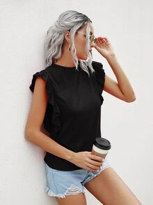 SHEIN Unity تي شيرت مقلم مكشكش بلون موحد - الأسود - مشاهدة 6
