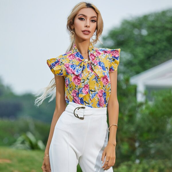 

Allover Floral Print Tie Neck Blouse, Multicolor