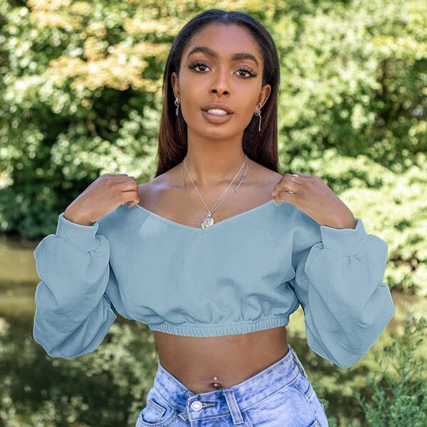 

V-Neck Drop Shoulder Crop Pullover, Cadet blue
