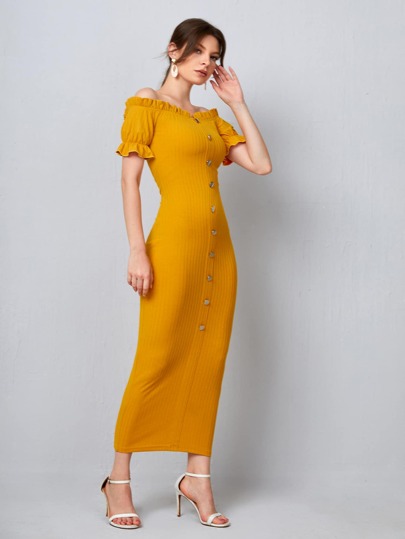 SHEIN Off Shoulder Frill Trim Button Front Dress