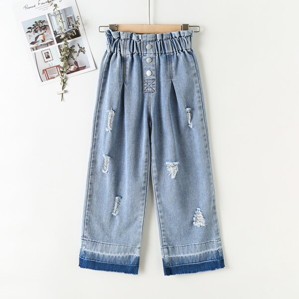 

Girls Ripped Ombre Hem Paper Bag Waist Jeans, Light wash