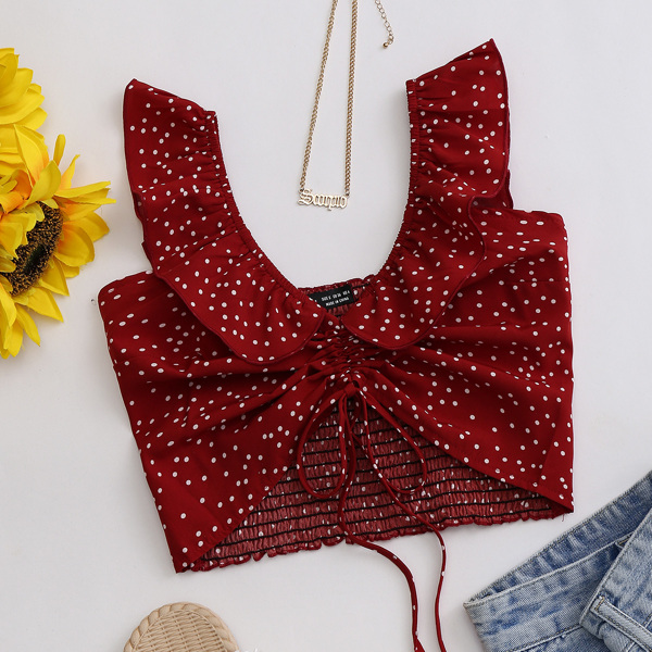 

Polka Dot Drawstring Shirred Back Top, Burgundy