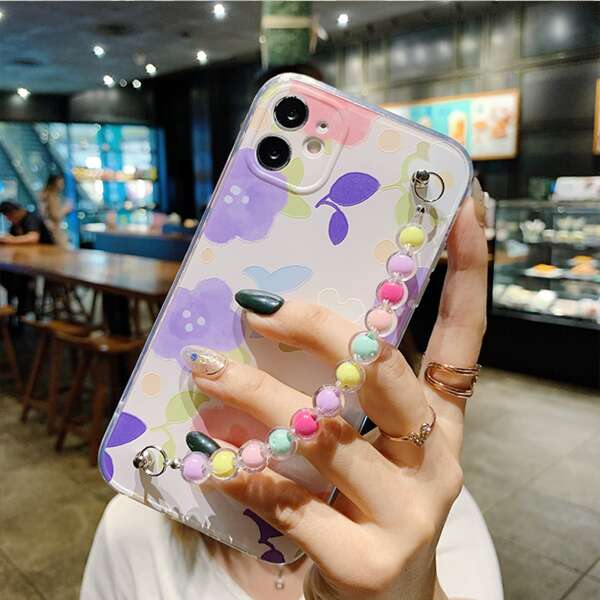 

Flower Painted Hand Strap Phone Case, Multicolor