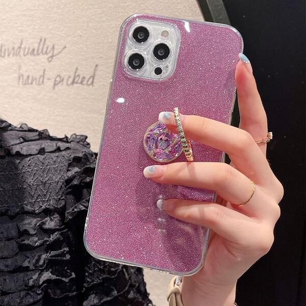 

Glitter Phone Case With Rhinestone Decor Ring Holder, Purple