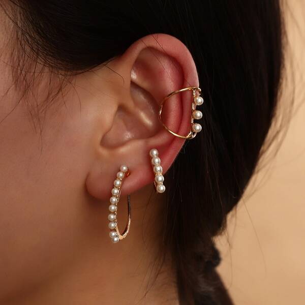 

3pcs Faux Pearl Decor Earrings, Gold