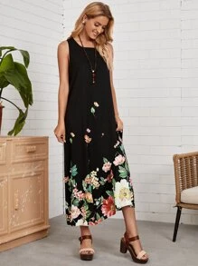 EMERY ROSE Vestido floral con bolsillo - Negro - Ver 3