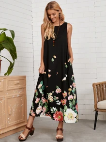 EMERY ROSE Vestido floral con bolsillo - Negro - Ver 4