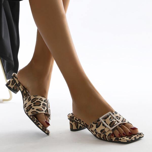 

Buckle Decor Leopard Graphic Sandal Mules, Brown