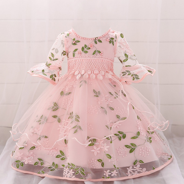 

Baby Girl Floral Embroidery Mesh Overlay Flounce Sleeve Gown Dress, Baby pink