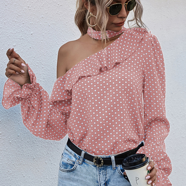 

Polka Dot Asymmetrical Neck Ruffle Trim Blouse, Pink
