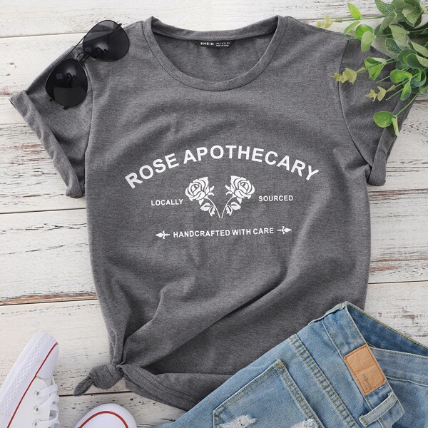 

Rose And Letter Graphic Tee, Grey