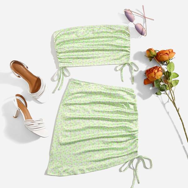 

Ditsy Floral Print Drawstring Tube Top & Skirt Set, Lime green