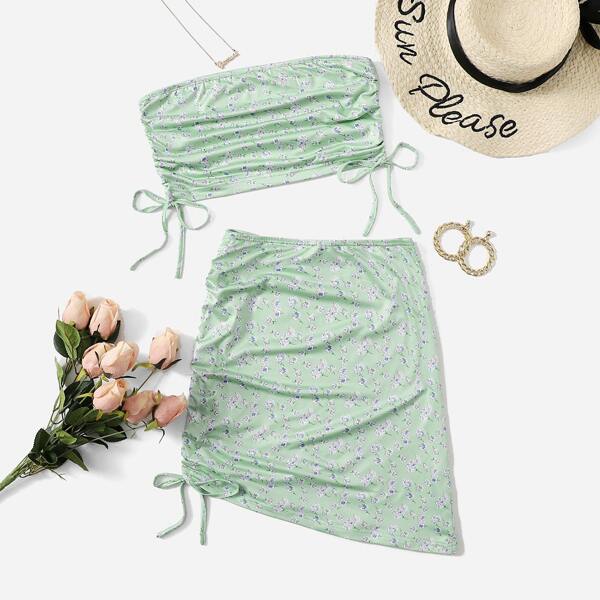 

Floral Print Drawstring Set, Mint green